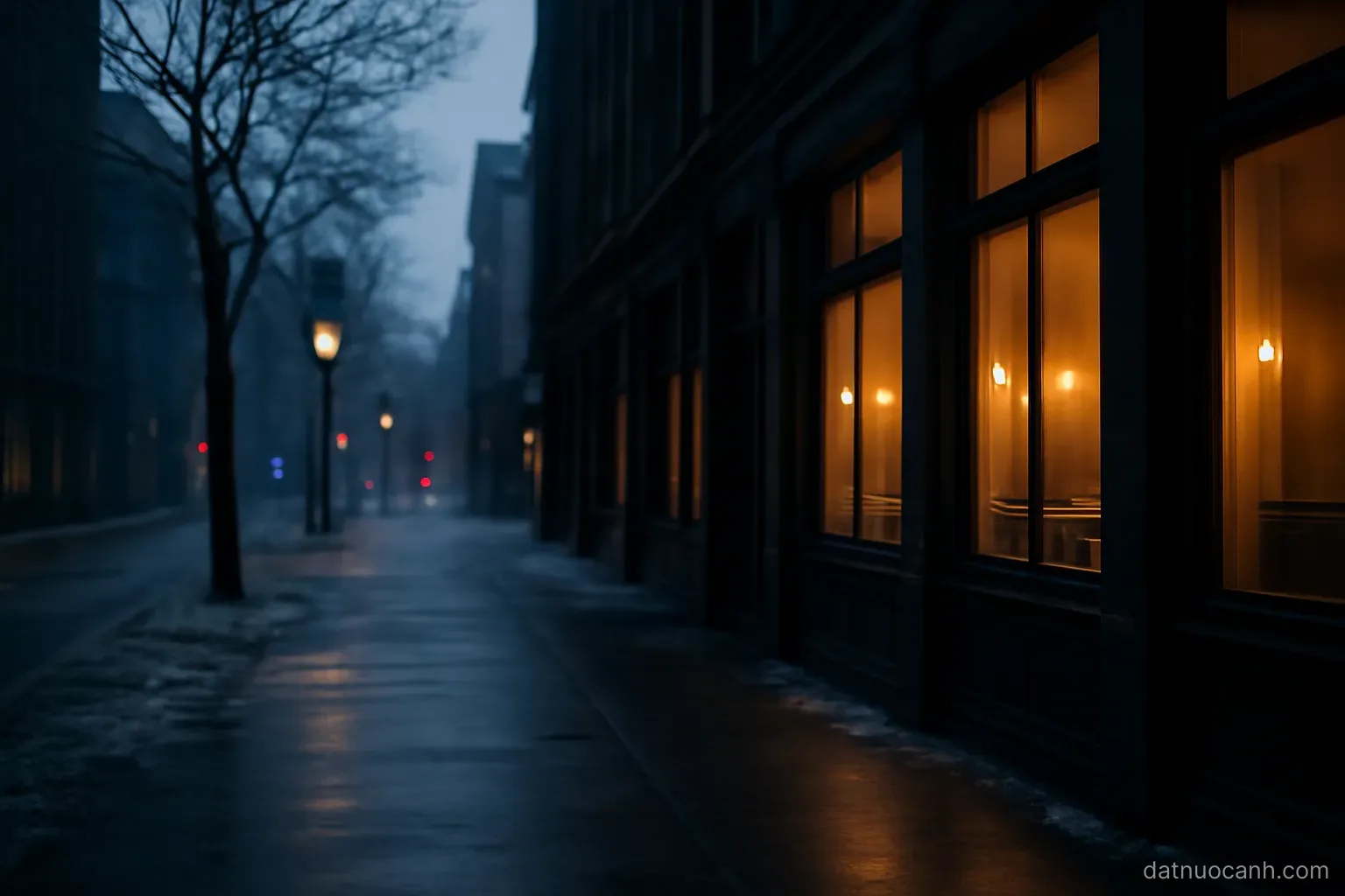 A city street at four in the afternoon in winter, already dark, warm window light, no readable signage