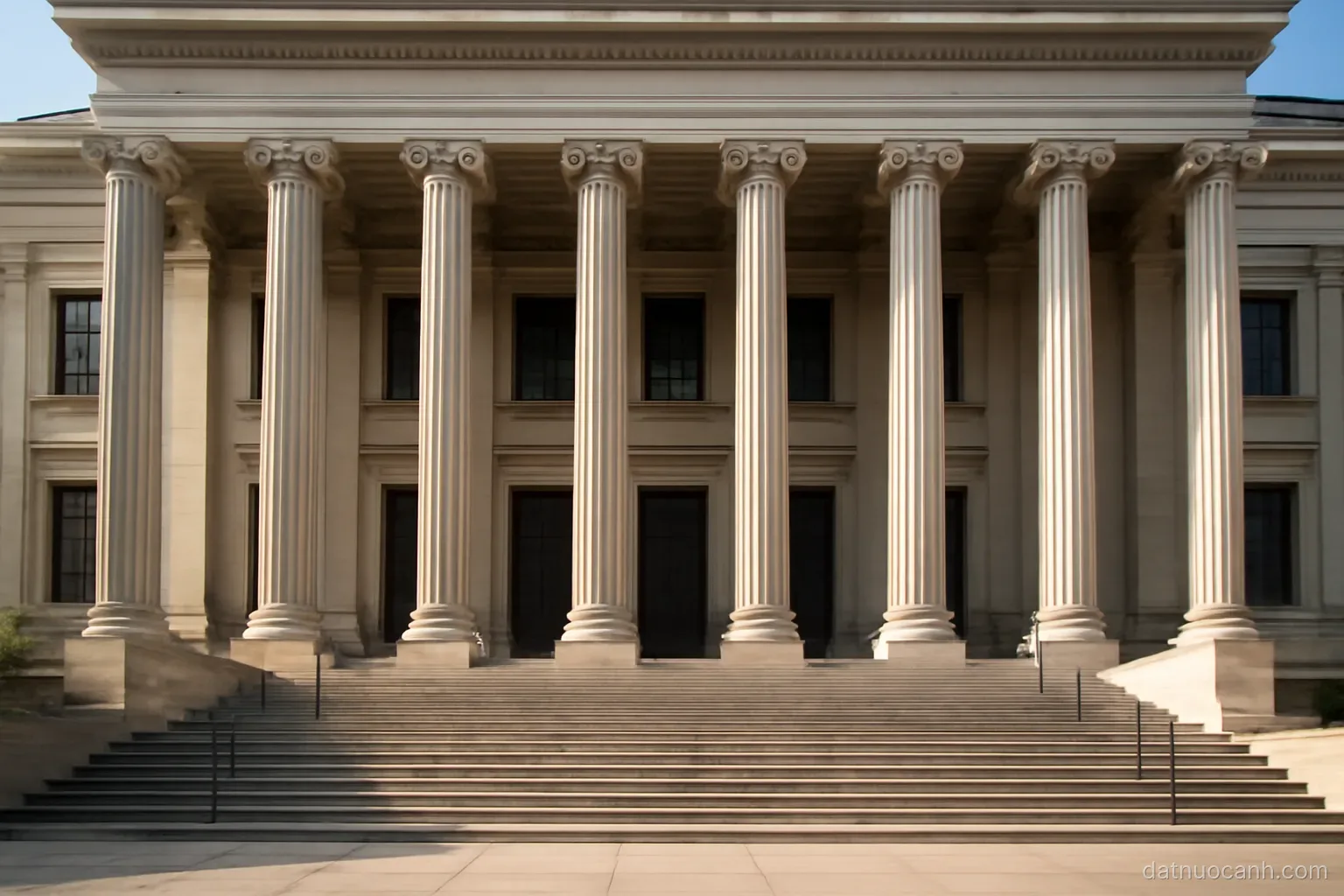 A courthouse facade with columns and steps, daytime, no readable text