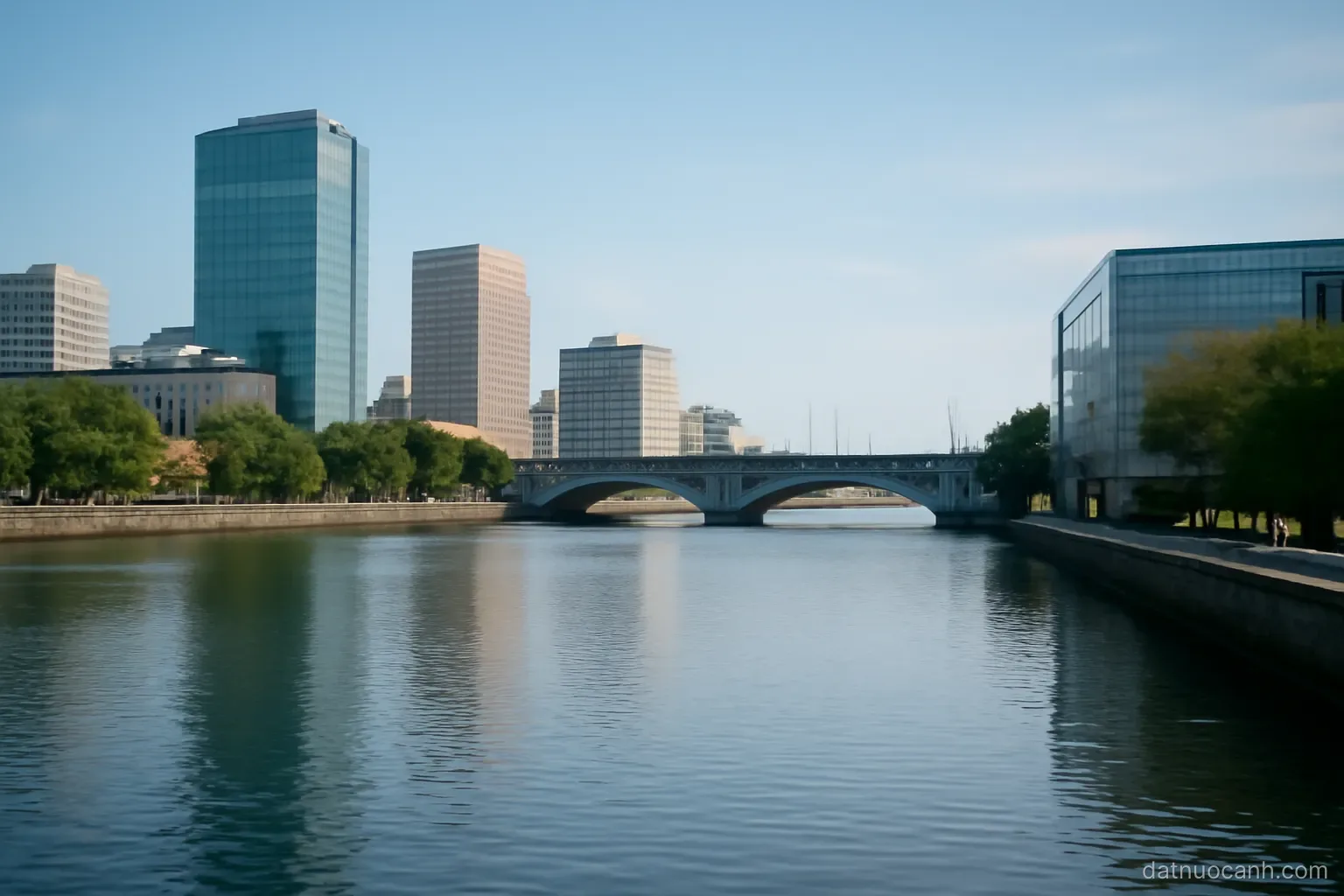 A riverside city view with modern buildings and a bridge, daytime, no readable text