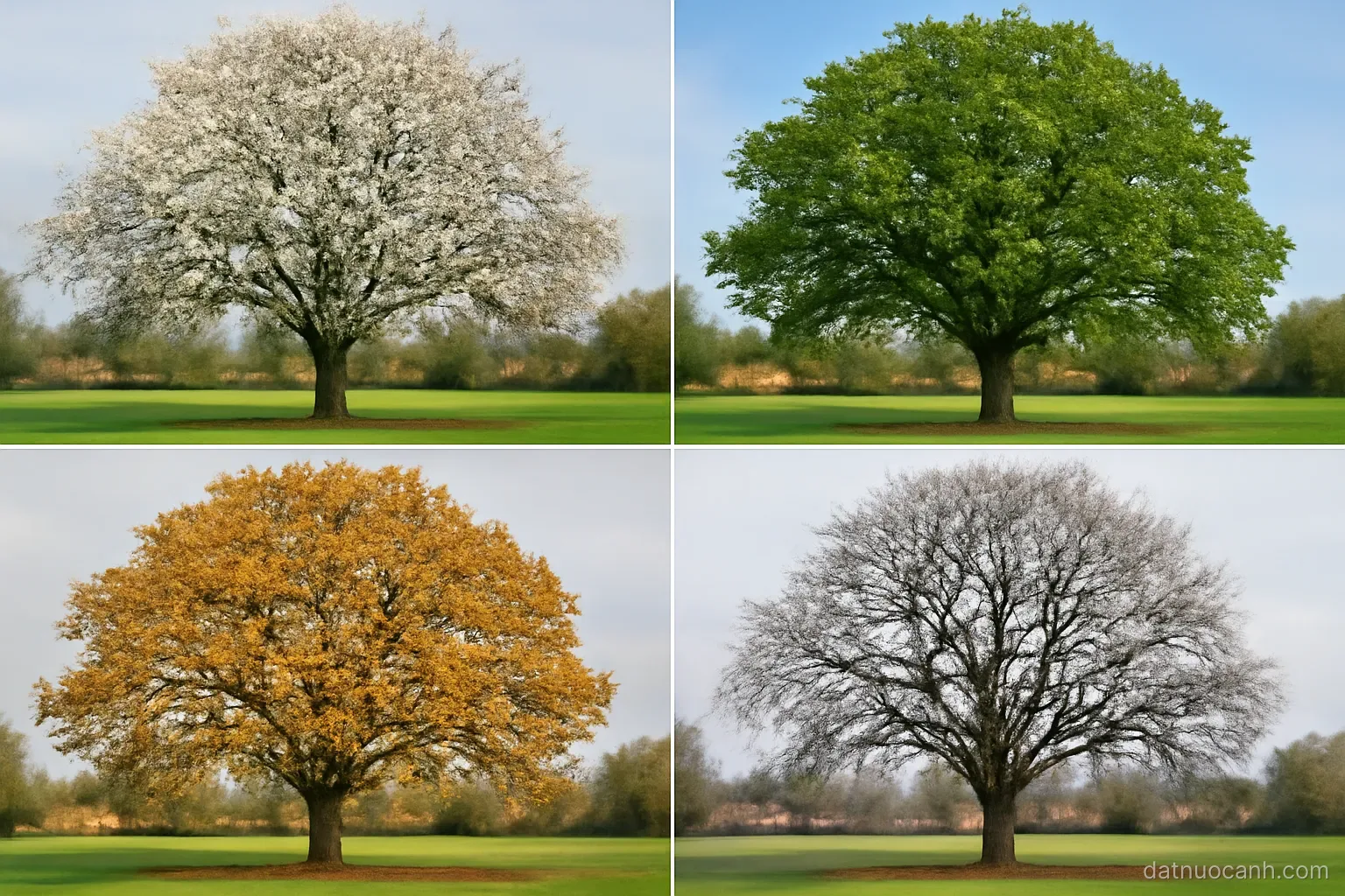 Four seasons of the same oak tree on a village green, blossom, full leaf, autumn colour, bare branches
