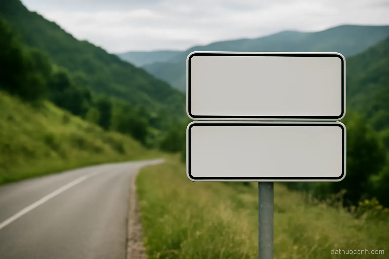A bilingual road sign on a rural mountain road with two lines of text blurred out, green hills behind