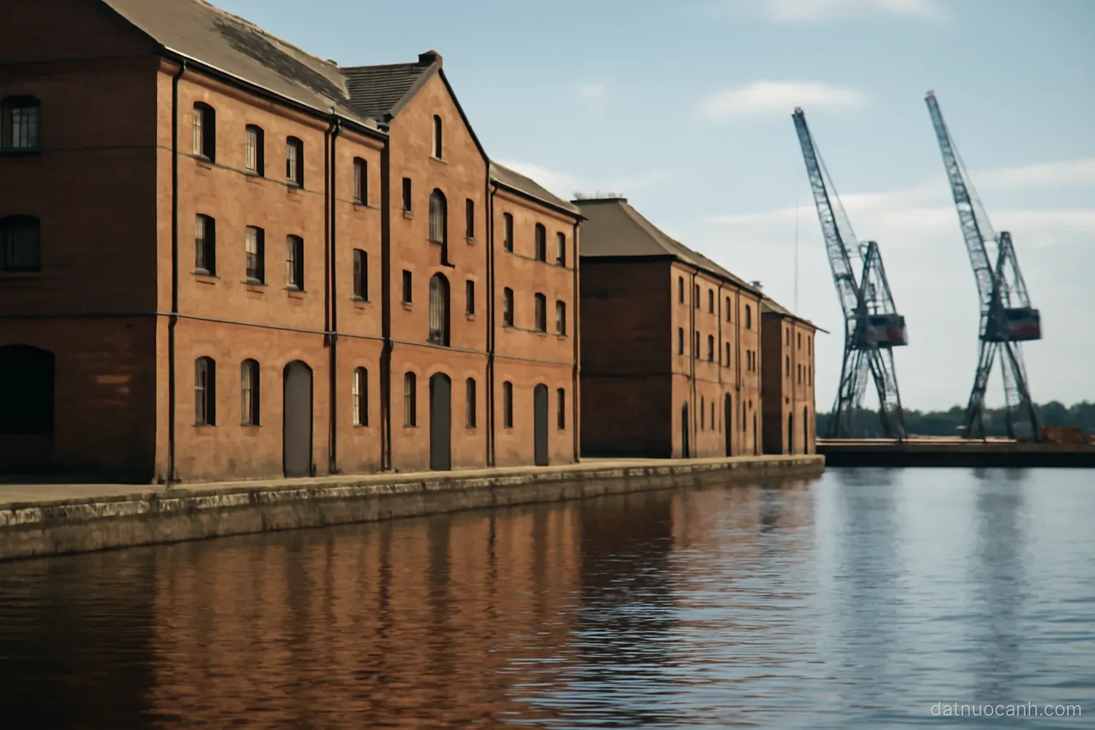 Historic dock warehouses beside water with cranes in the background, no readable text