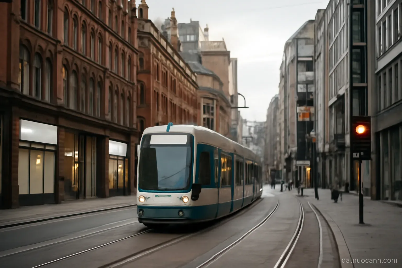 A city centre with a mix of Victorian and modern buildings and a tram, no readable text