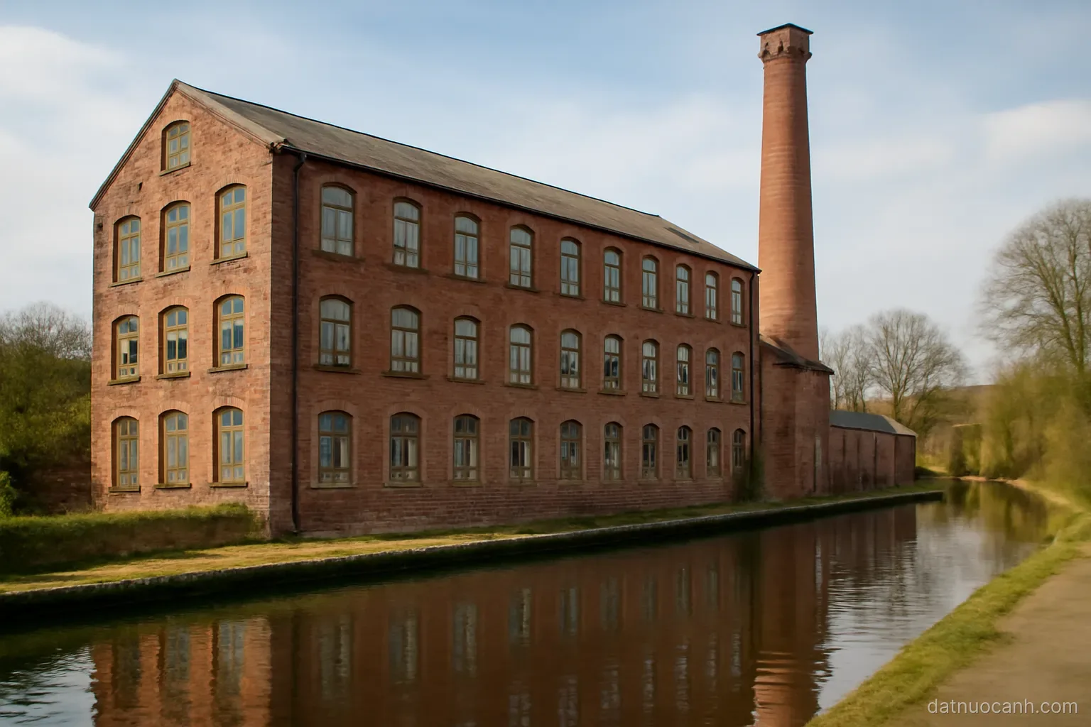 A red brick mill building beside a canal with a chimney, no readable text