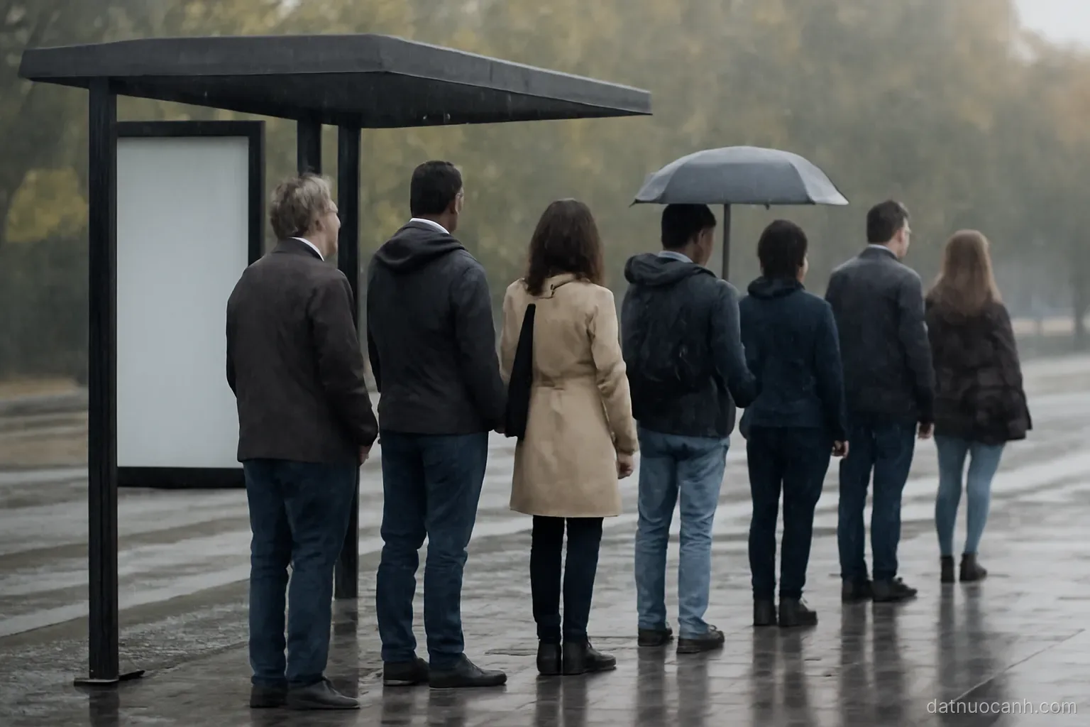 An orderly queue of people waiting at a bus stop in light rain, everyone spaced evenly, no text