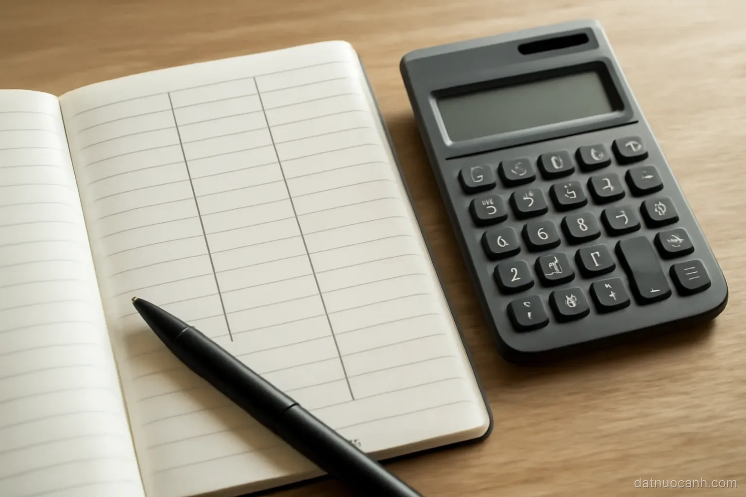 A notebook with handwritten budget columns beside a calculator, top-down view, no readable text