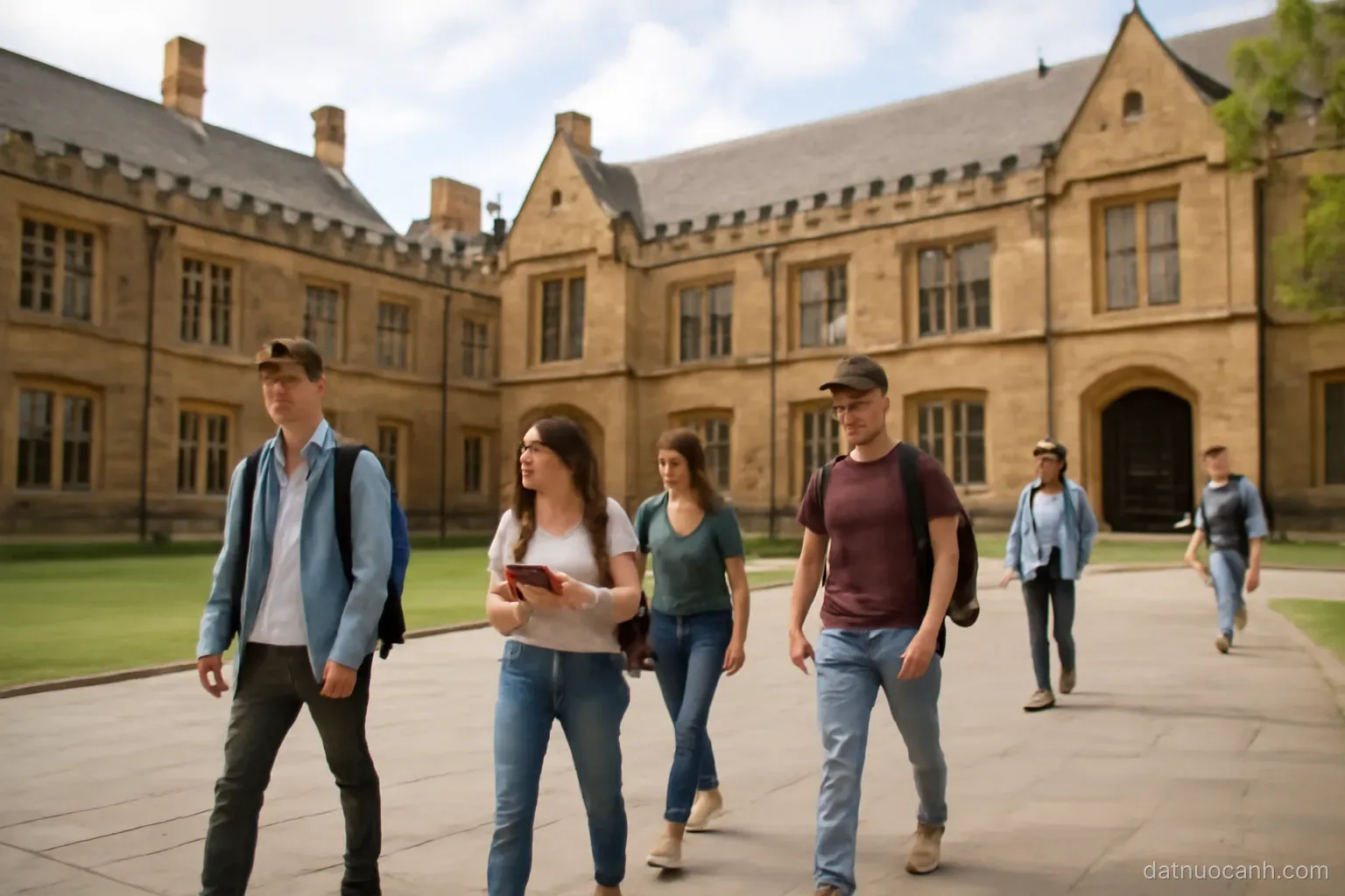 A university quadrangle with stone buildings and students crossing, no readable text