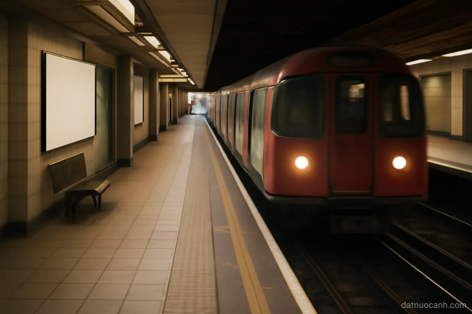 An underground station platform with a train arriving, no readable text