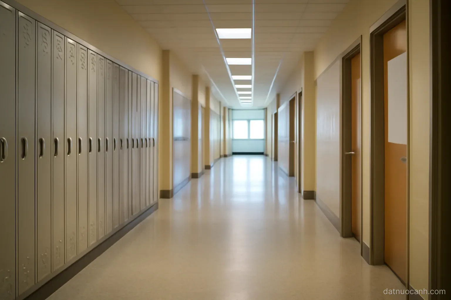 A school corridor with lockers and classroom doors, interior view, no readable text