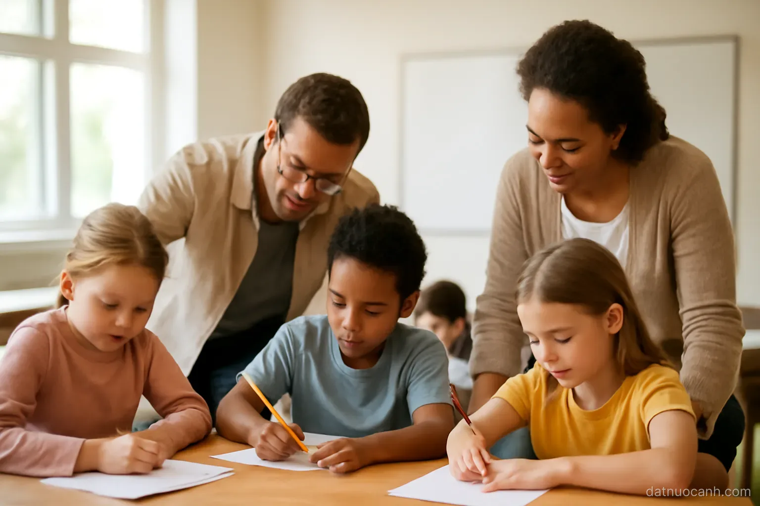 Children writing at a table in a weekend community classroom, adults helping, bright room, no readable text