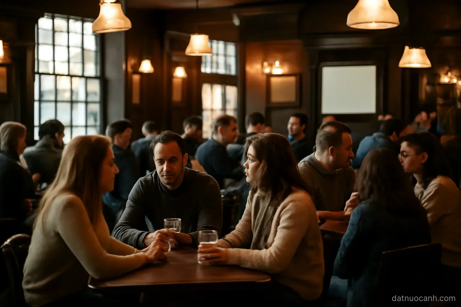 People talking in a busy pub interior, several small groups, warm lamps, no readable signage