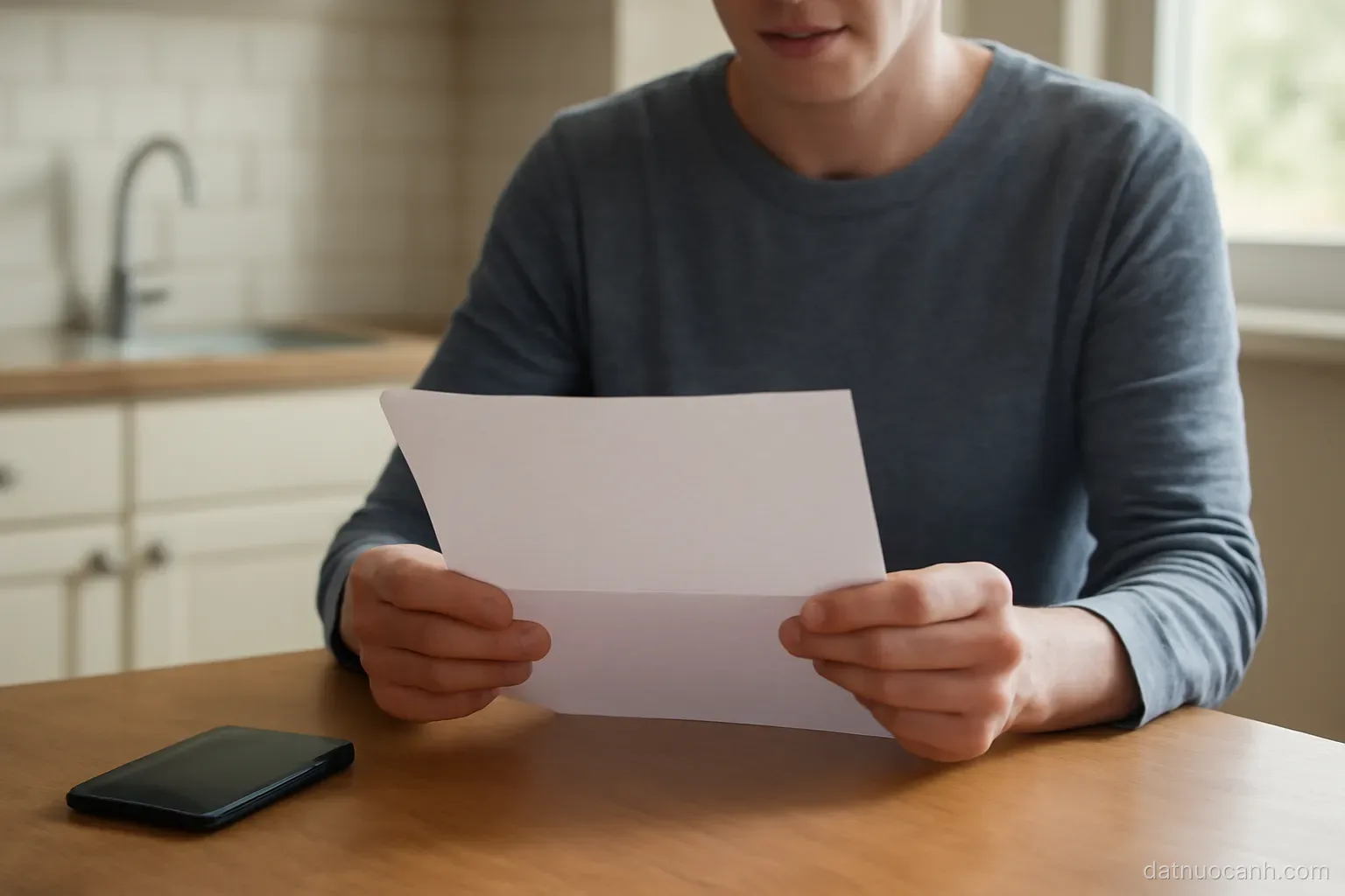 A person reading a paper document carefully at a kitchen table, phone beside it, calm daylight, no readable text