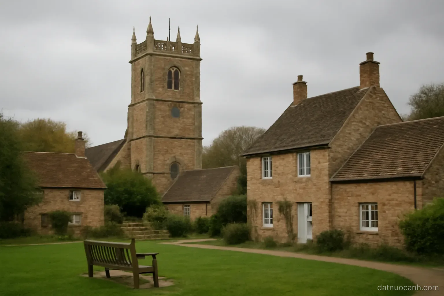 A village green with a stone church tower behind and old cottages around it, overcast light, no text