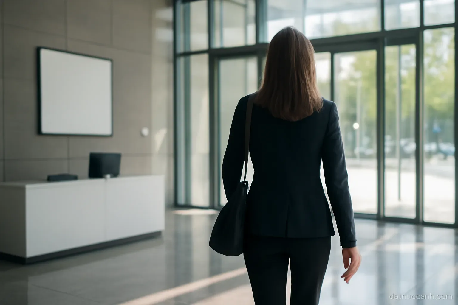 A young professional walking into a modern office building lobby in the morning, glass and daylight