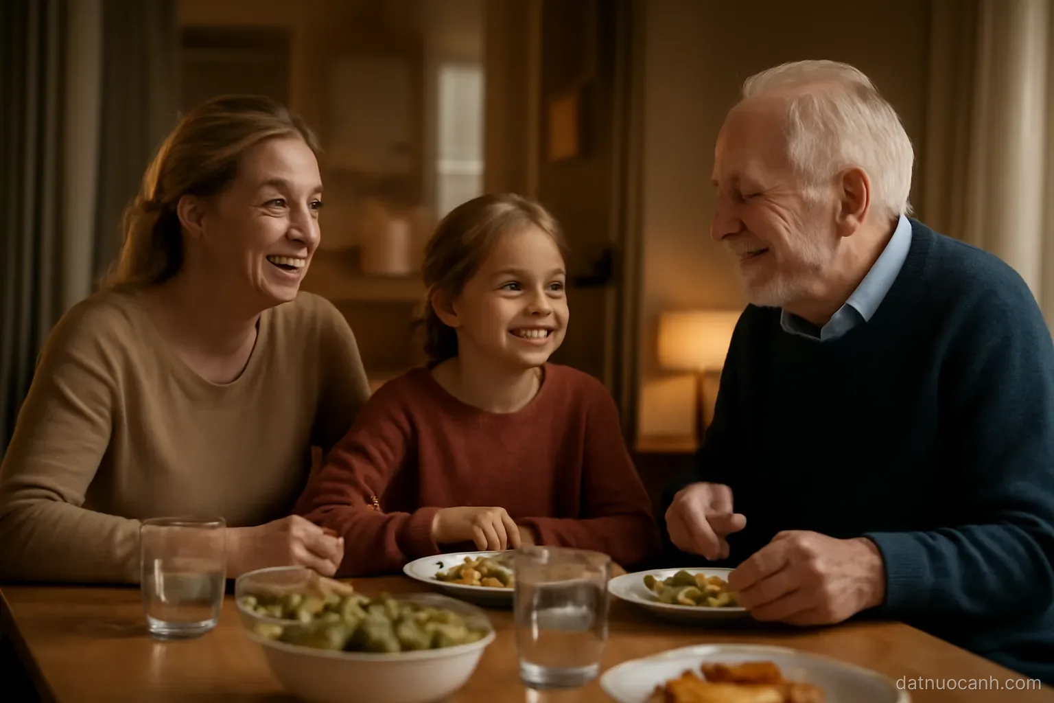 A family of three generations sitting together at a dinner table in a modest terraced house, warm light