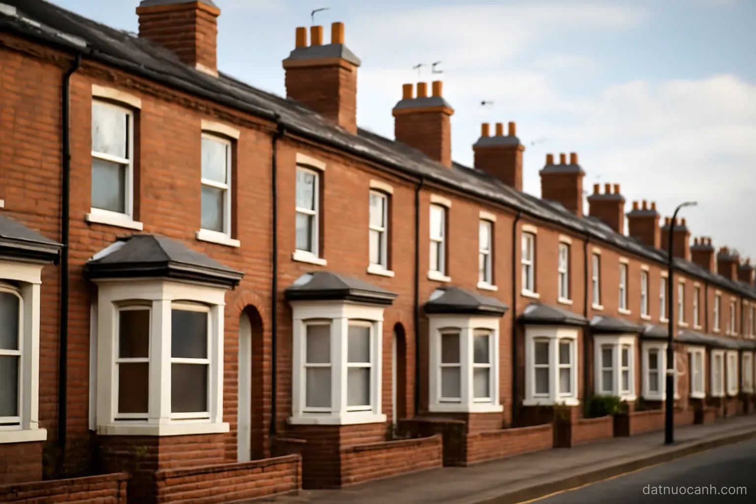 A row of brick terraced houses with bay windows and chimney stacks, no readable text