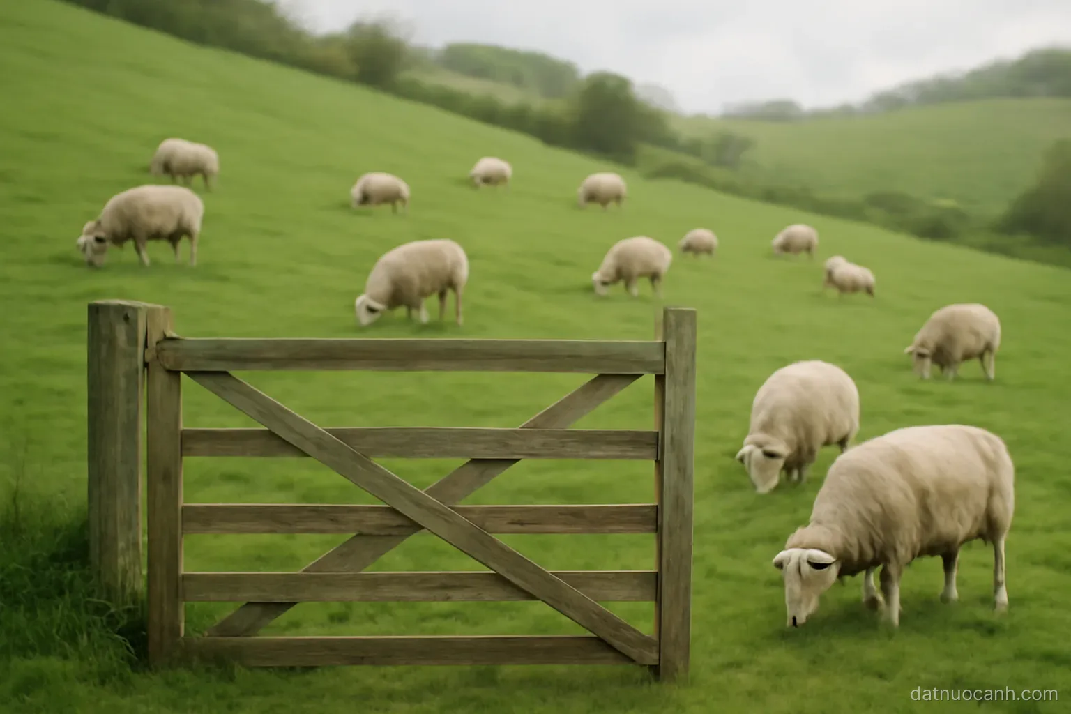 Sheep grazing on a green hillside with a farm gate in the foreground, soft daylight, no text