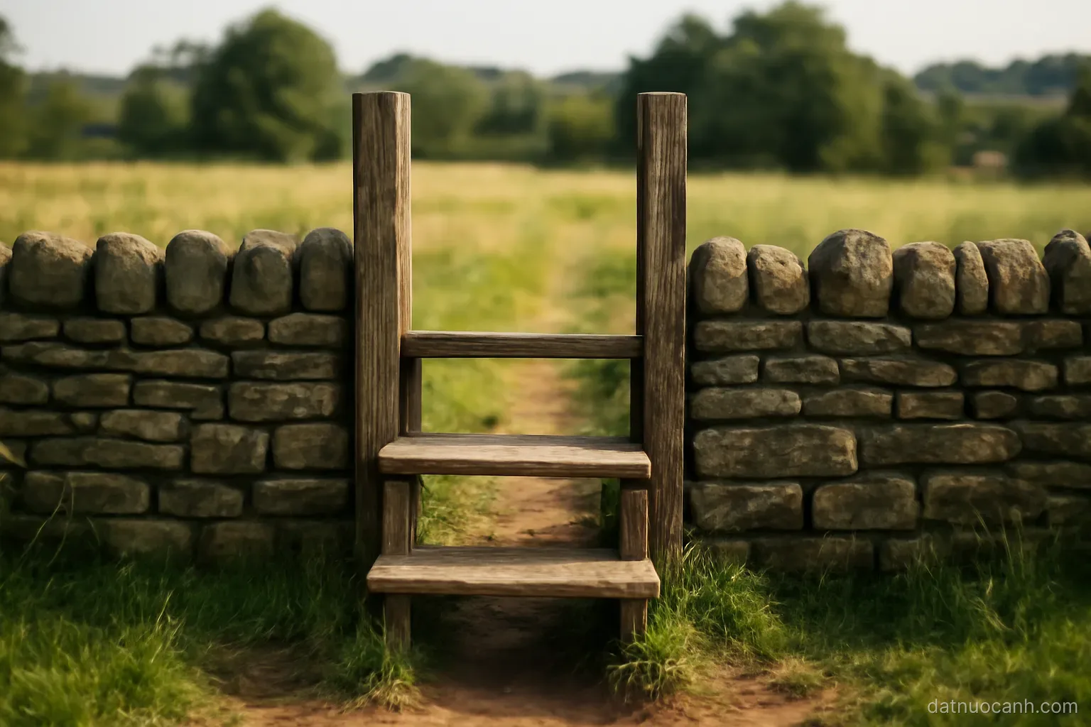 A wooden stile over a stone wall on a footpath through a field, no readable text