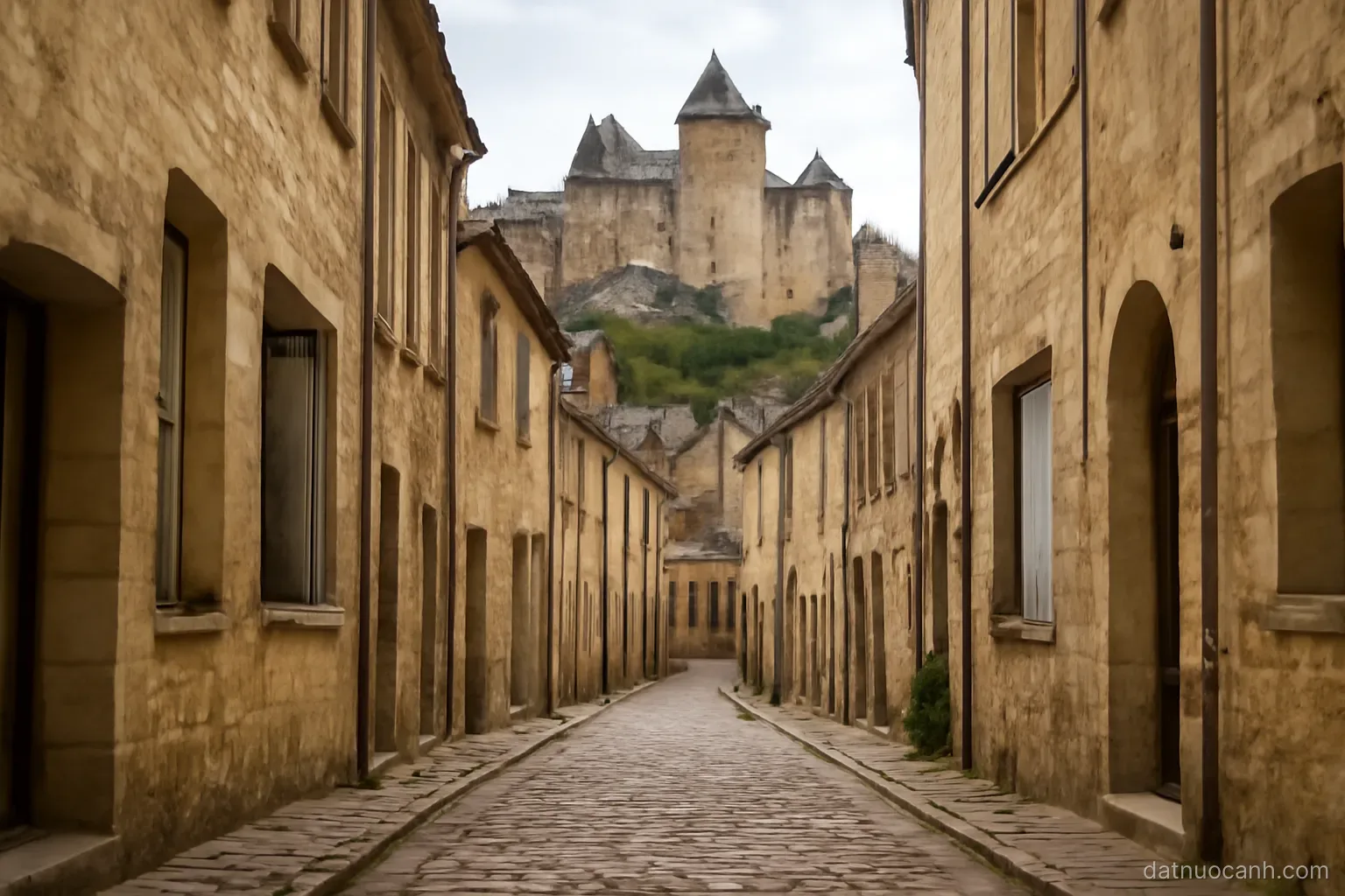A historic stone city street rising toward a castle on a hill, no readable text