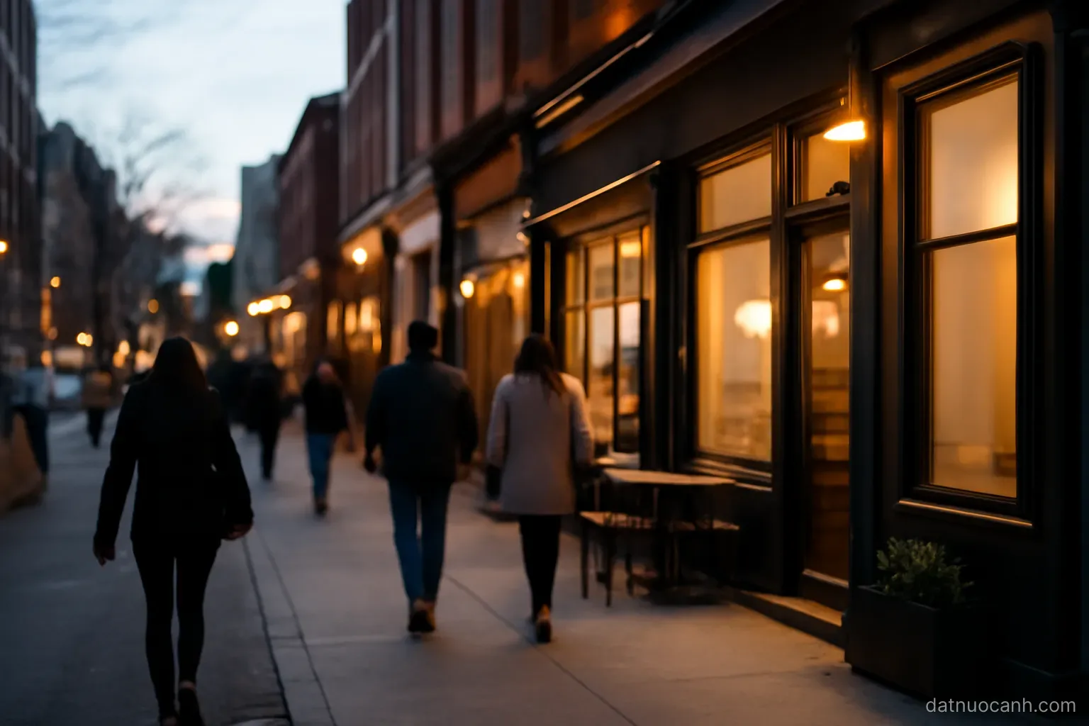 A busy urban street of small independent shops and restaurants at dusk, people walking, no readable signs