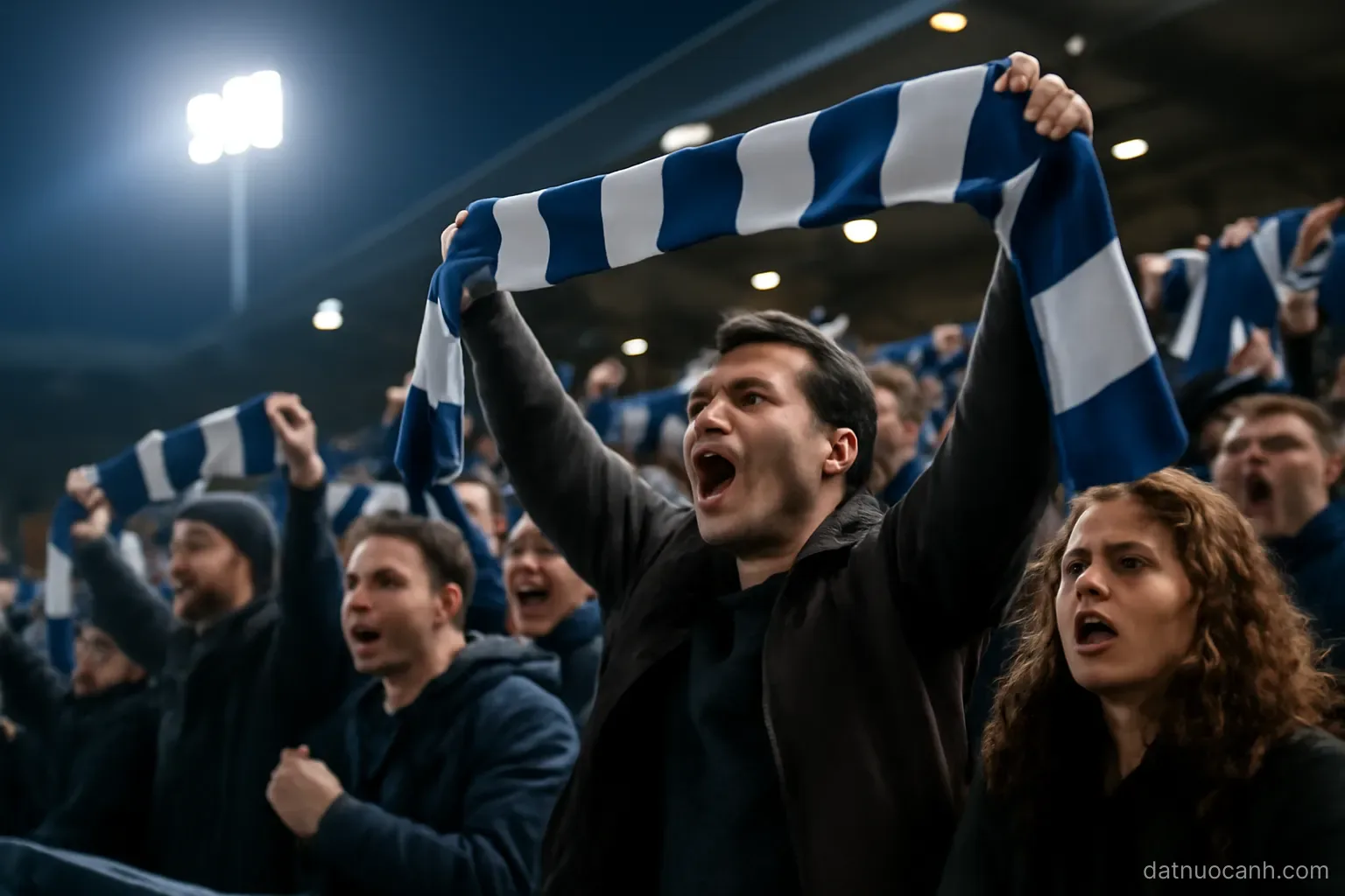 Supporters in a football stand cheering, scarves raised, floodlit evening match, no readable text