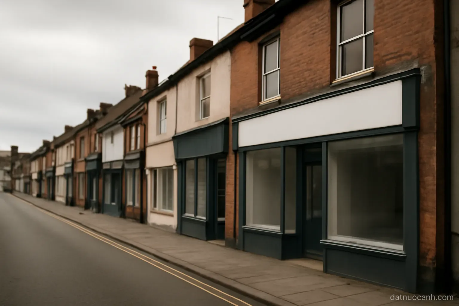 A small town high street with shop fronts under a grey sky, no readable text