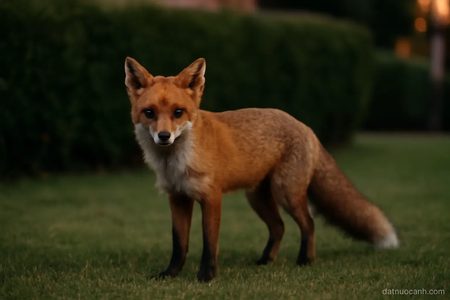 A red fox standing on a suburban lawn at dusk with hedges behind, calm posture, no text