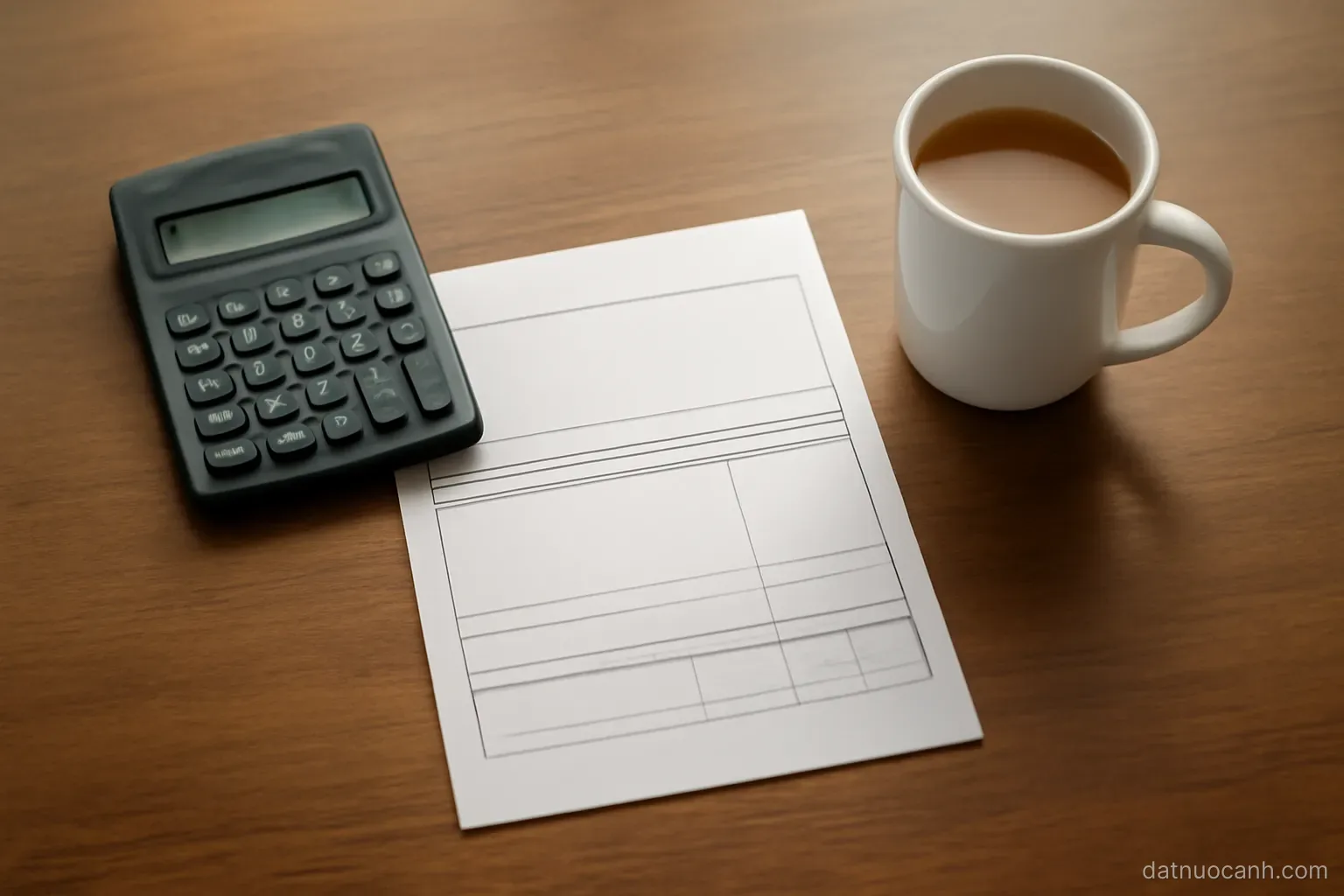 A desk with a payslip, calculator and a mug, top-down view, no readable text