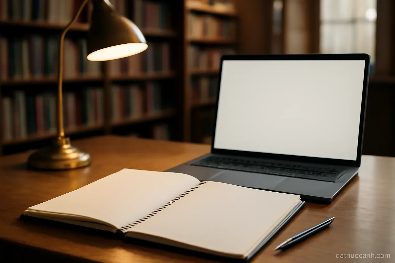 A student notebook and laptop on a library desk with blank pages, warm reading lamp, no readable text