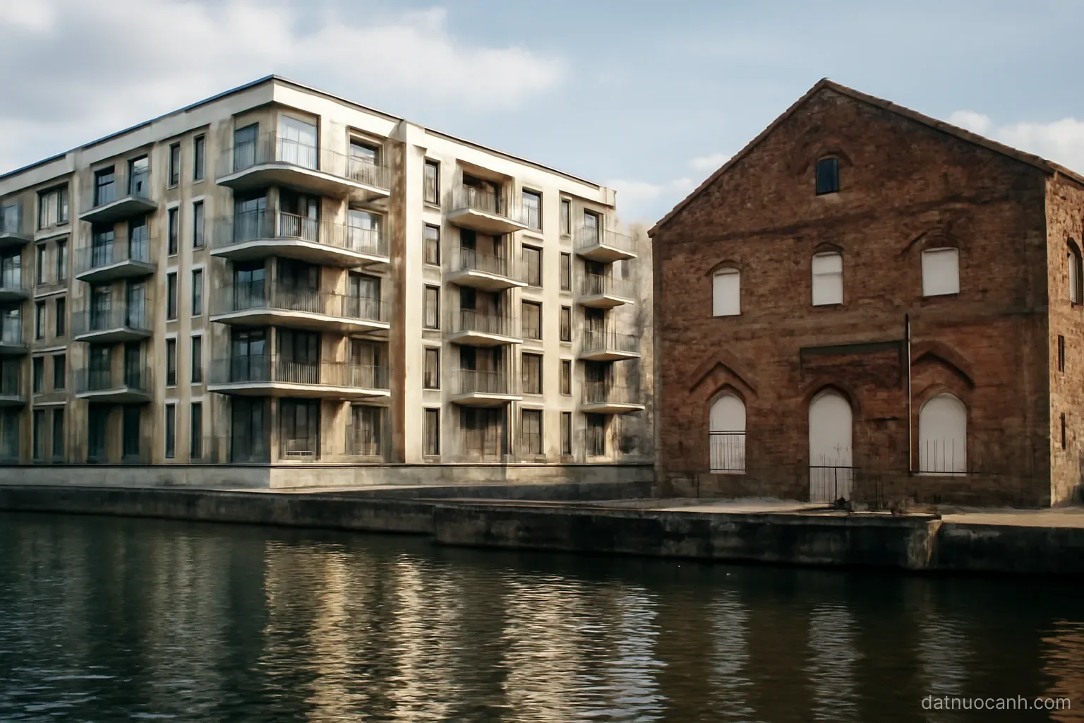 A regenerated waterfront with modern apartments beside old dock structures, no readable text