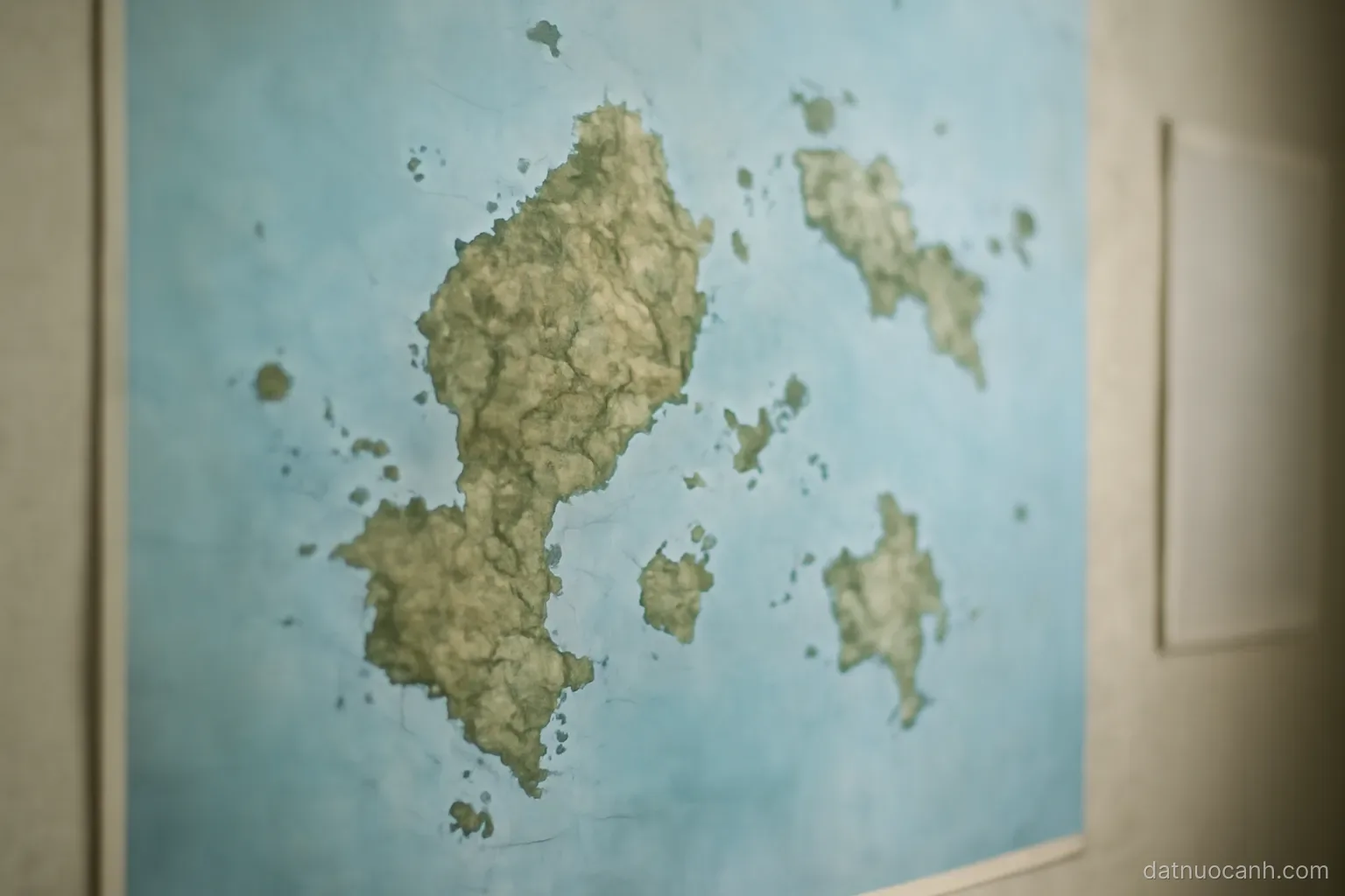 A wall map of a group of islands with regional borders, top-down view, no readable text