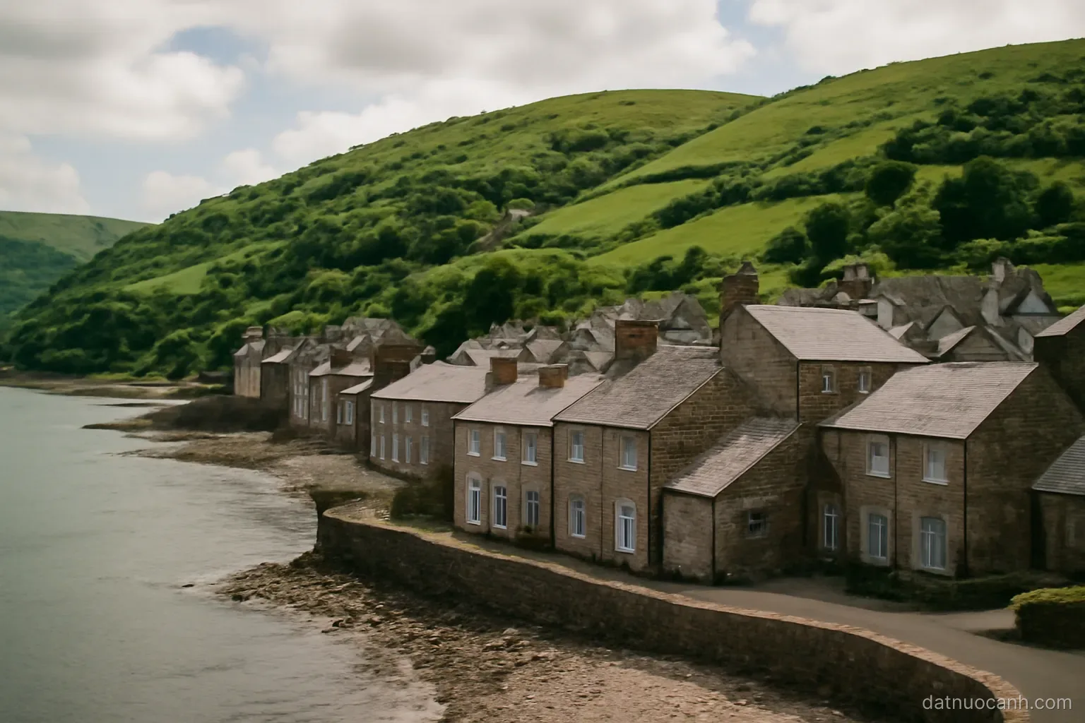 A coastal village with stone houses below green hills, wide landscape, no text