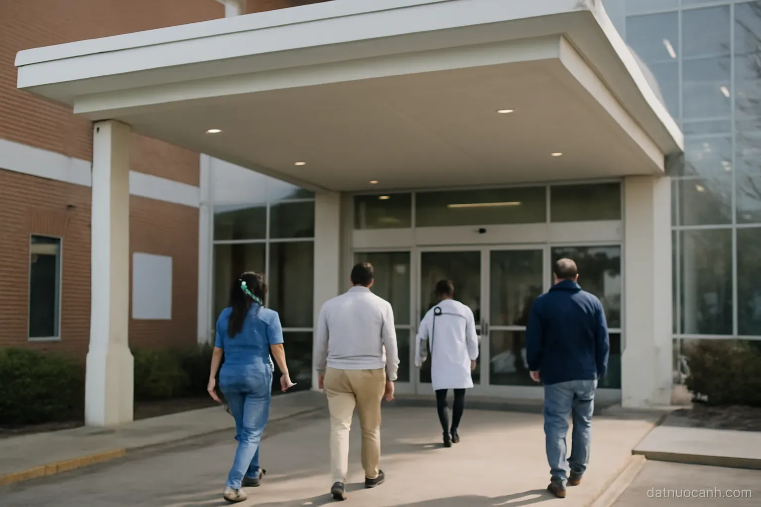 A hospital entrance with a canopy and people walking in, no readable text